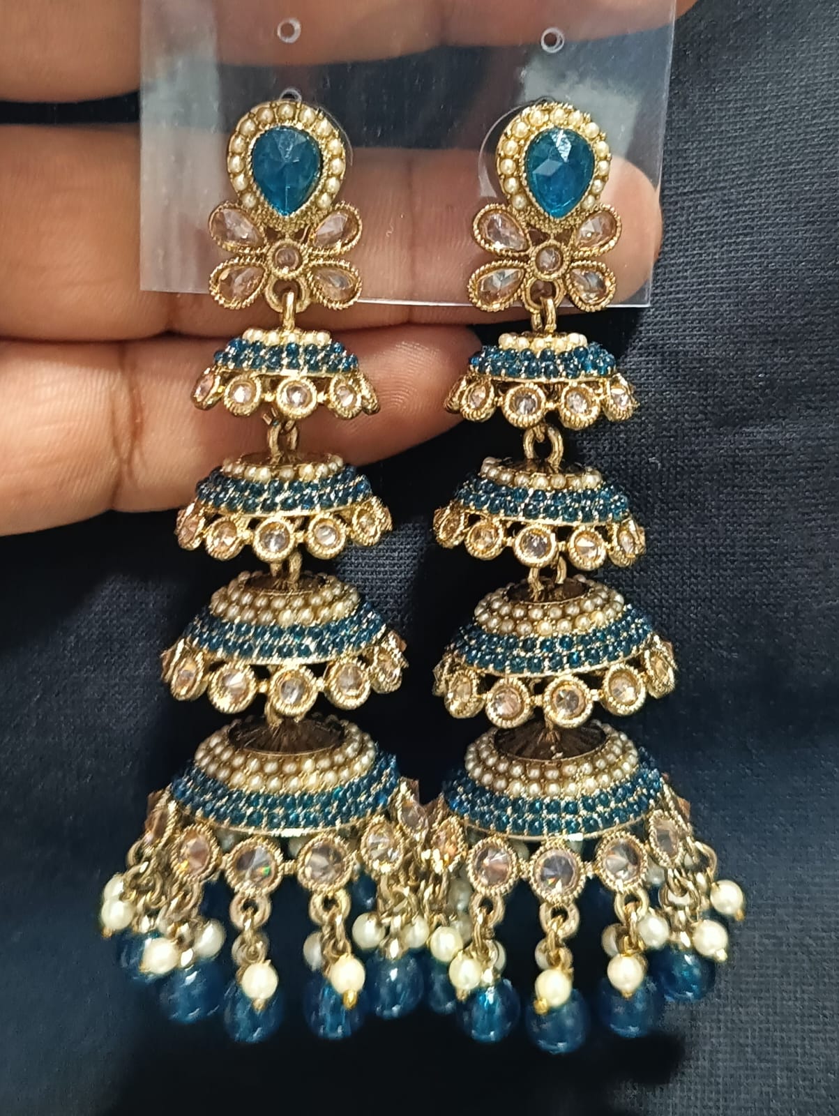 Multi-Tier CZ Jhumka Earrings with Dangling Beads - Lucentemarket
